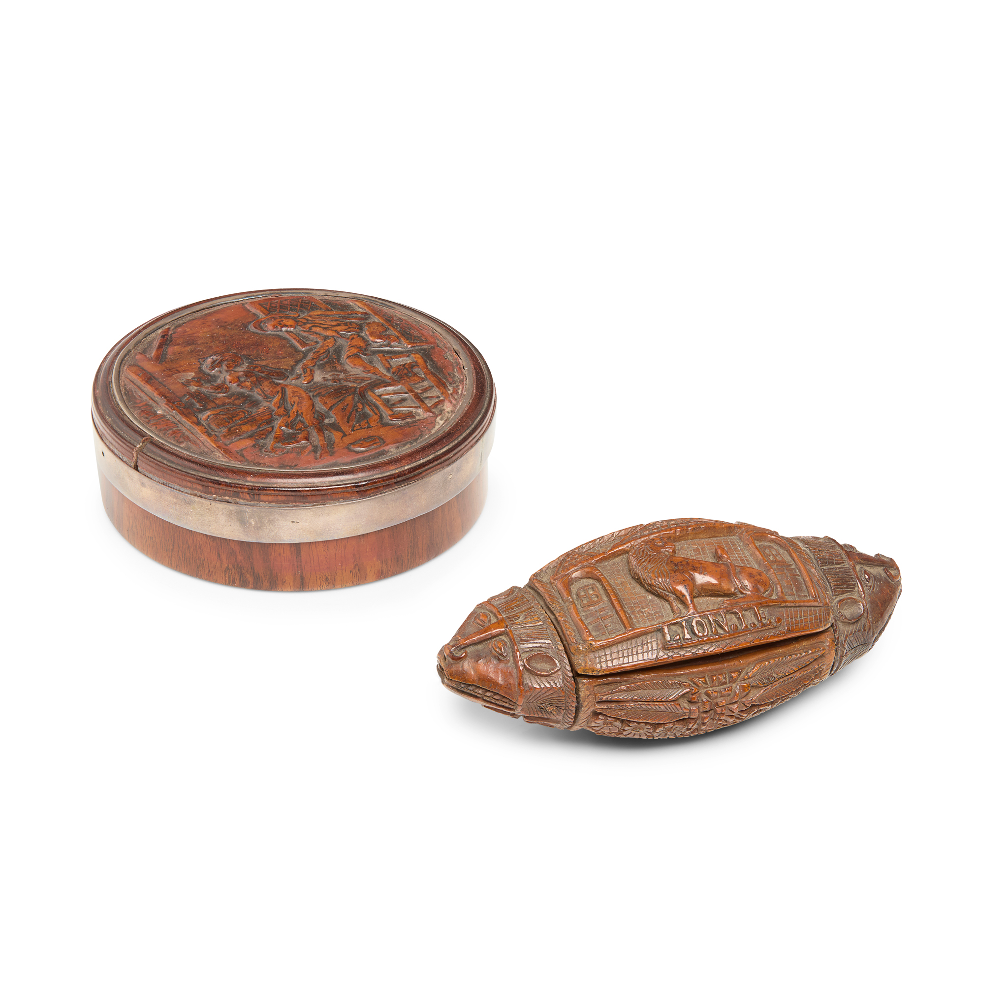 TWO CARVED EXOTIC HARDWOOD SNUFF BOXES