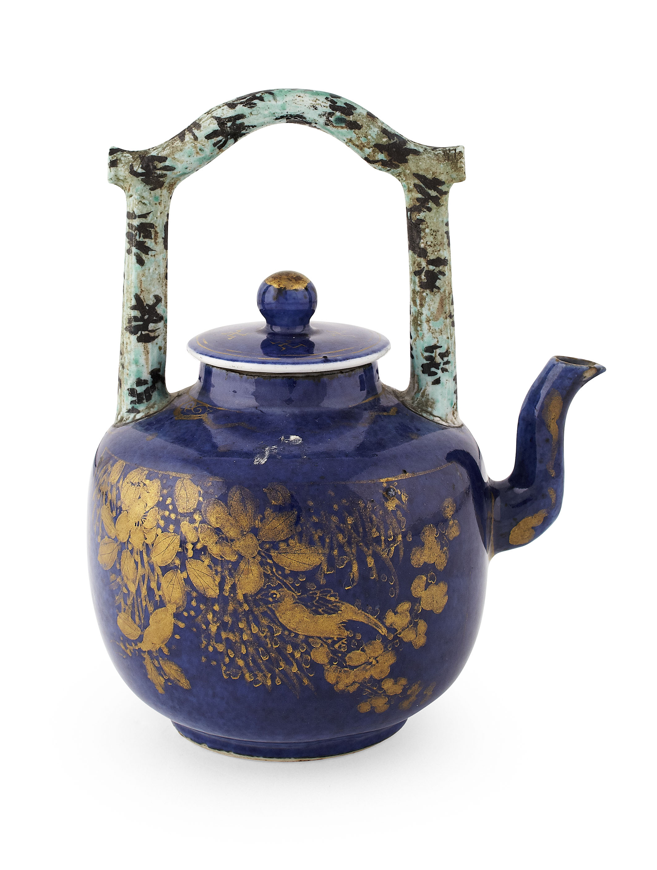 CHINESE PORCELAIN POWDER BLUE GROUND KETTLE AND COVER