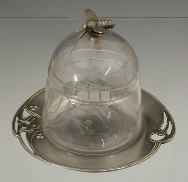 A Jugendstil WMF pewter mounted honey pot, cover and stand,