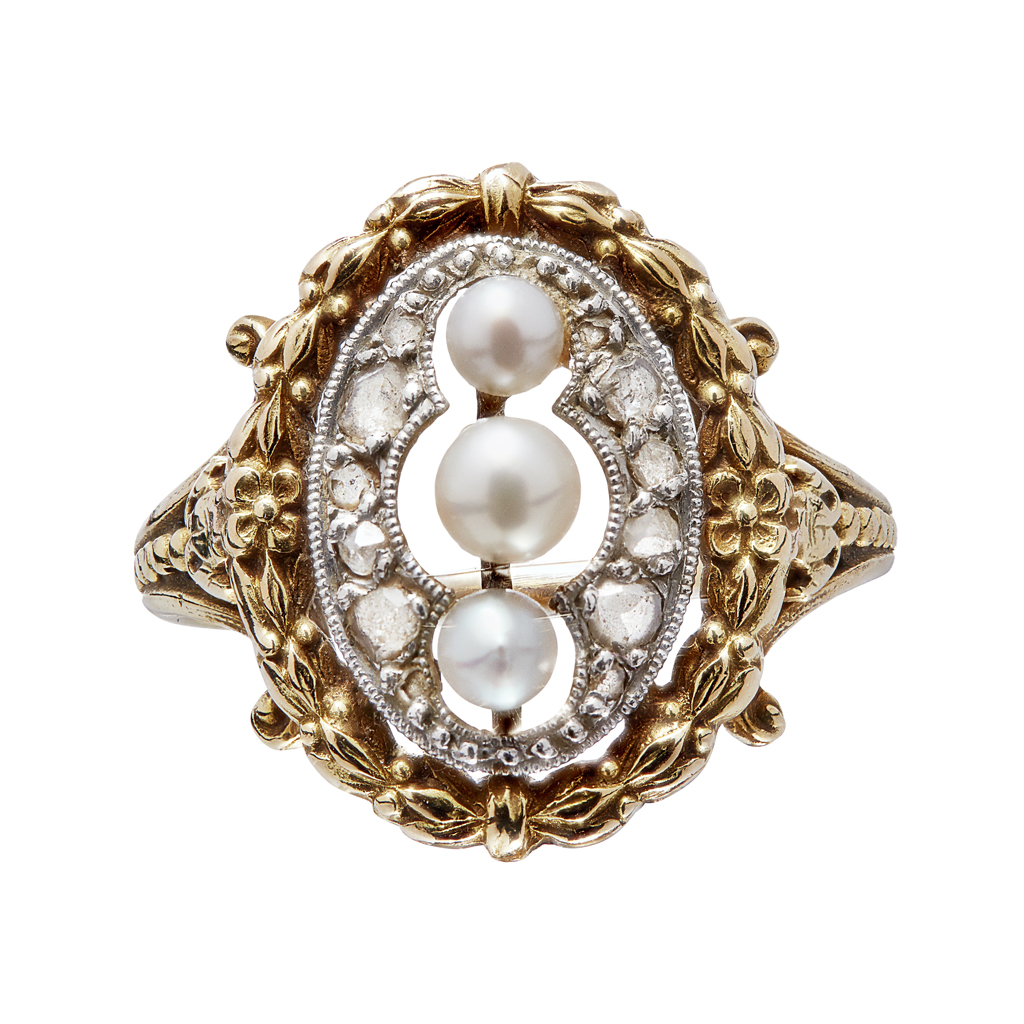 A French 19th century pearl and diamond set ring