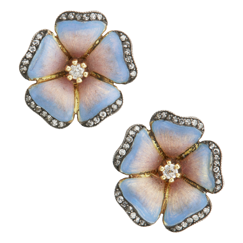 A pair of diamond set and enamelled floral earrings