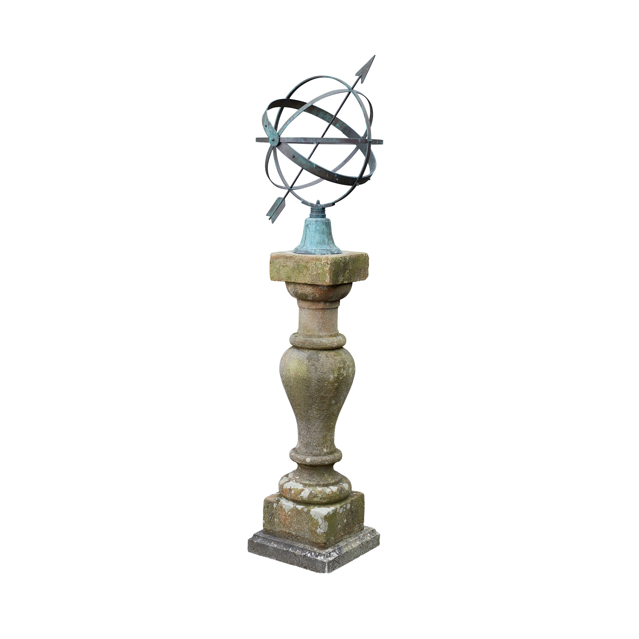 BRONZE ARMILLARY AND SANDSTONE PEDESTAL