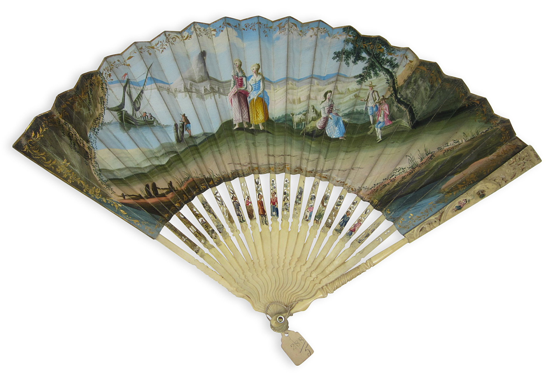 GRAND TOUR HAND PAINTED PAPER AND IVORY MOUNTED FAN