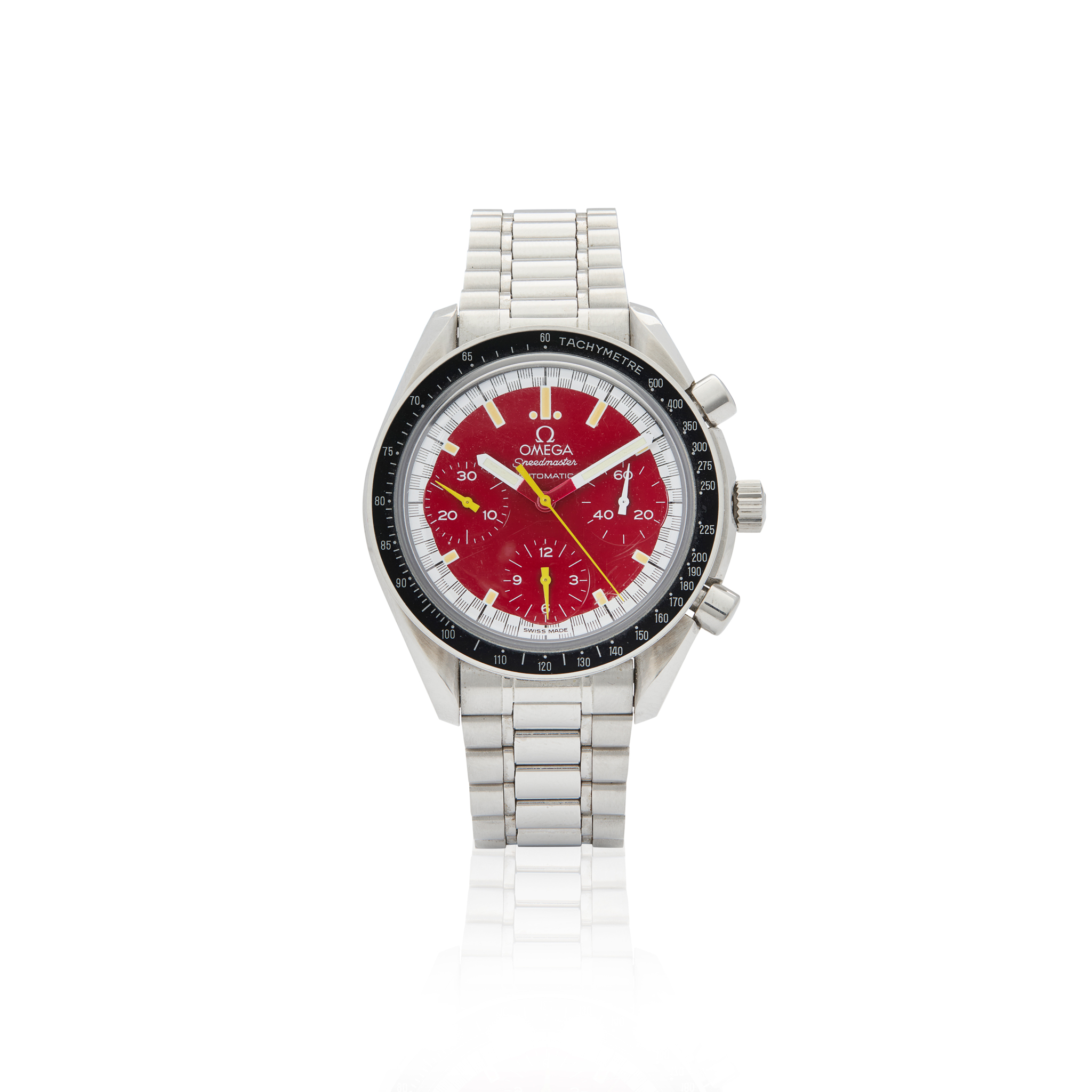 Omega. A stainless steel automatic chronograph wristwatch with red dial