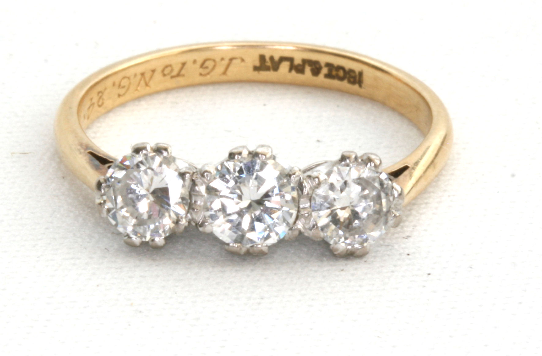 An 18ct gold and platinum mounted three-stone diamond ring,