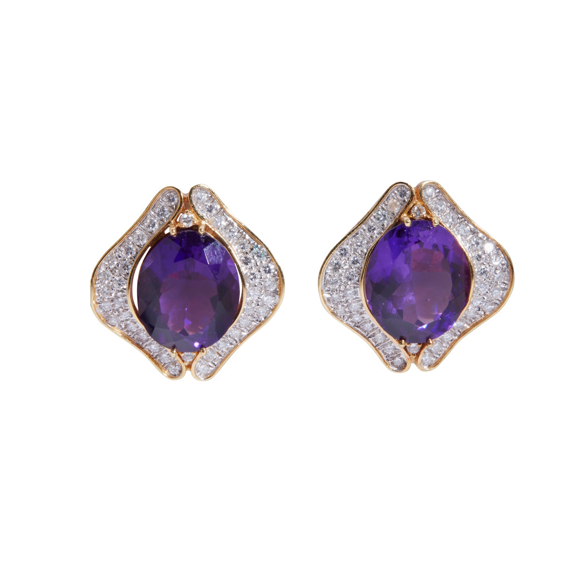 A pair of amethyst and diamond earrings