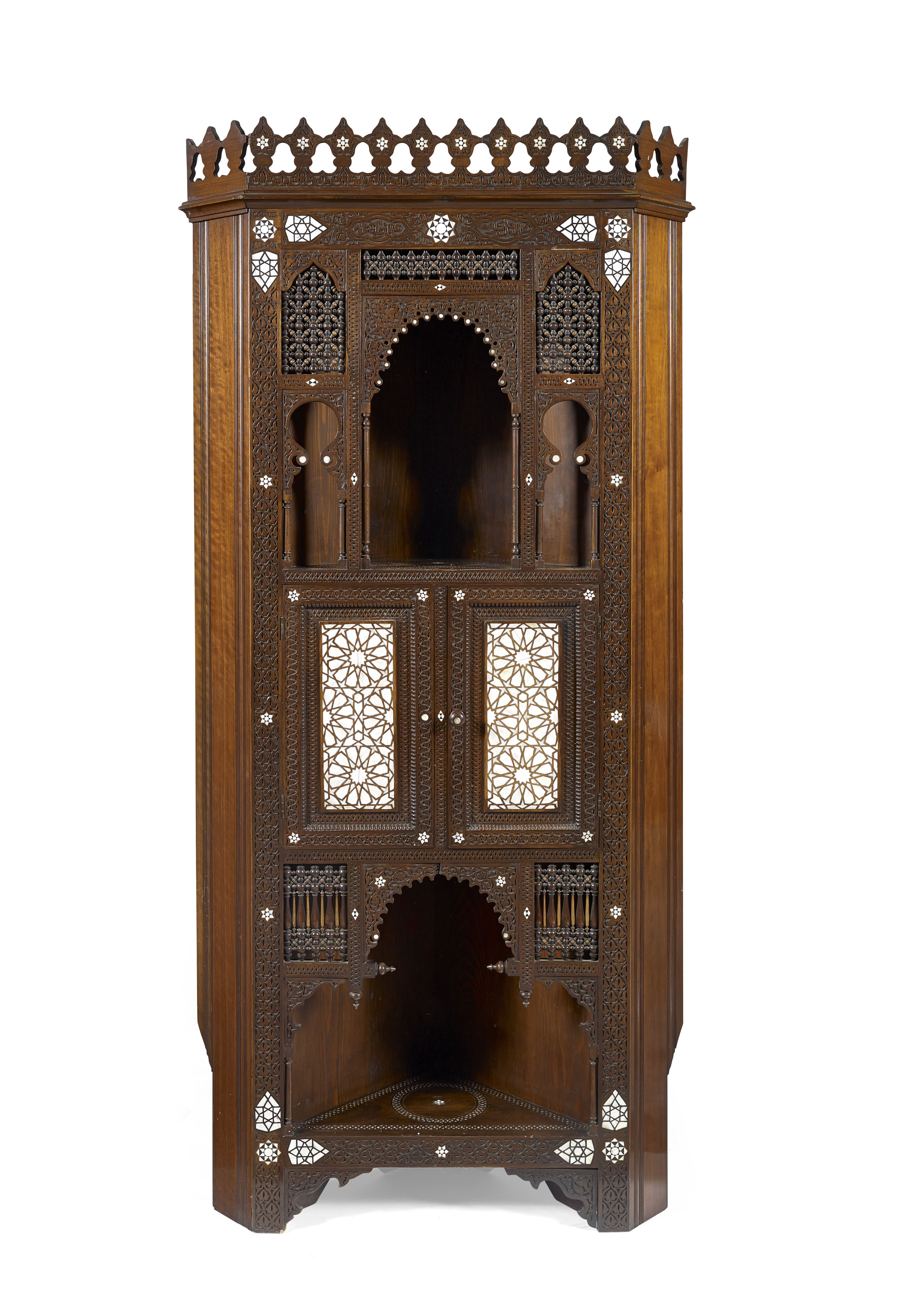 INDIAN HARDWOOD AND MOTHER OF PEARL INLAY CORNER CABINET
