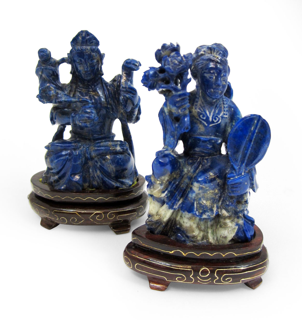 TWO CARVED LAPIS LAZULI FIGURES OF GODDESSES