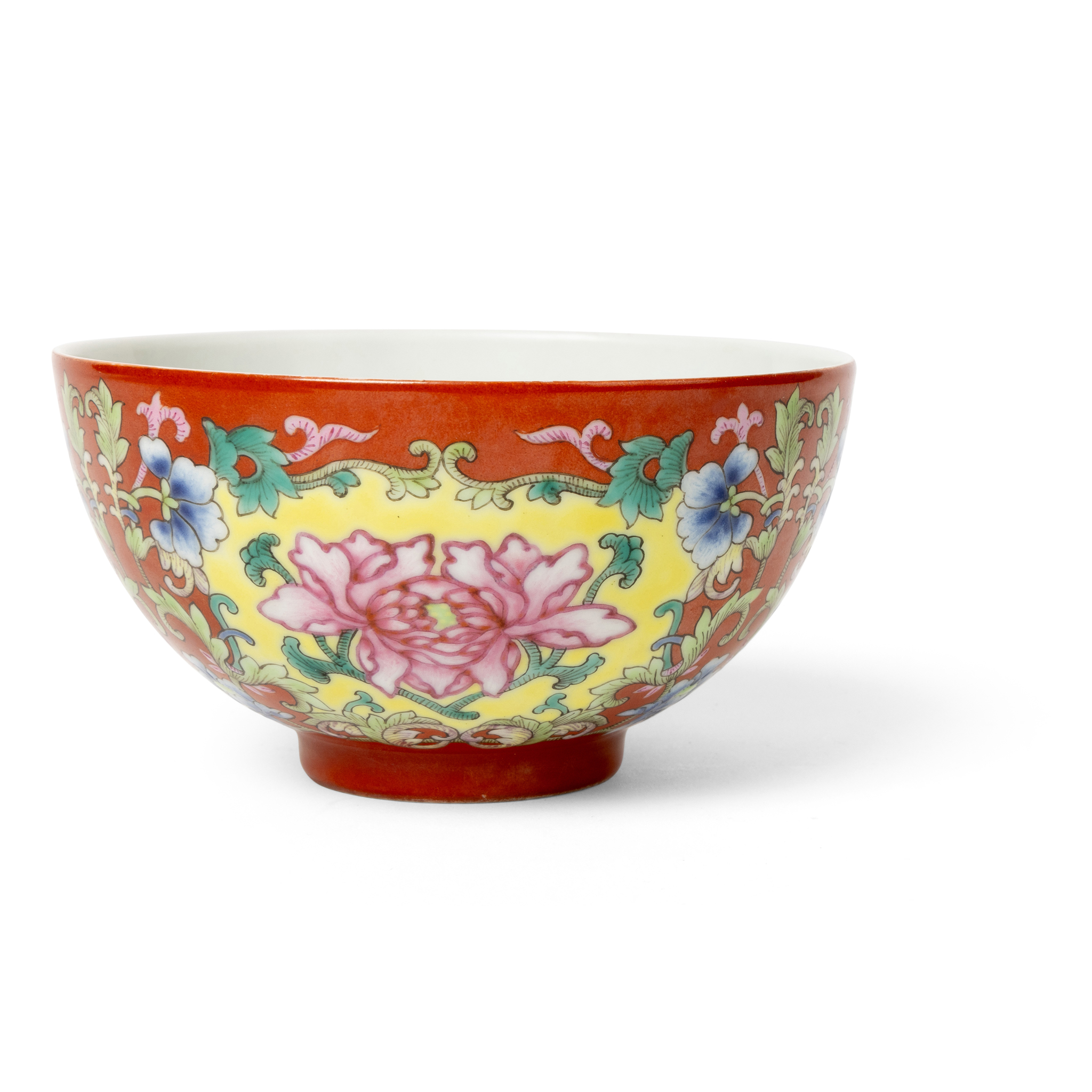 CHINESE CORAL-RED-GROUND FAMILLE ROSE 'FLORAL' BOWL