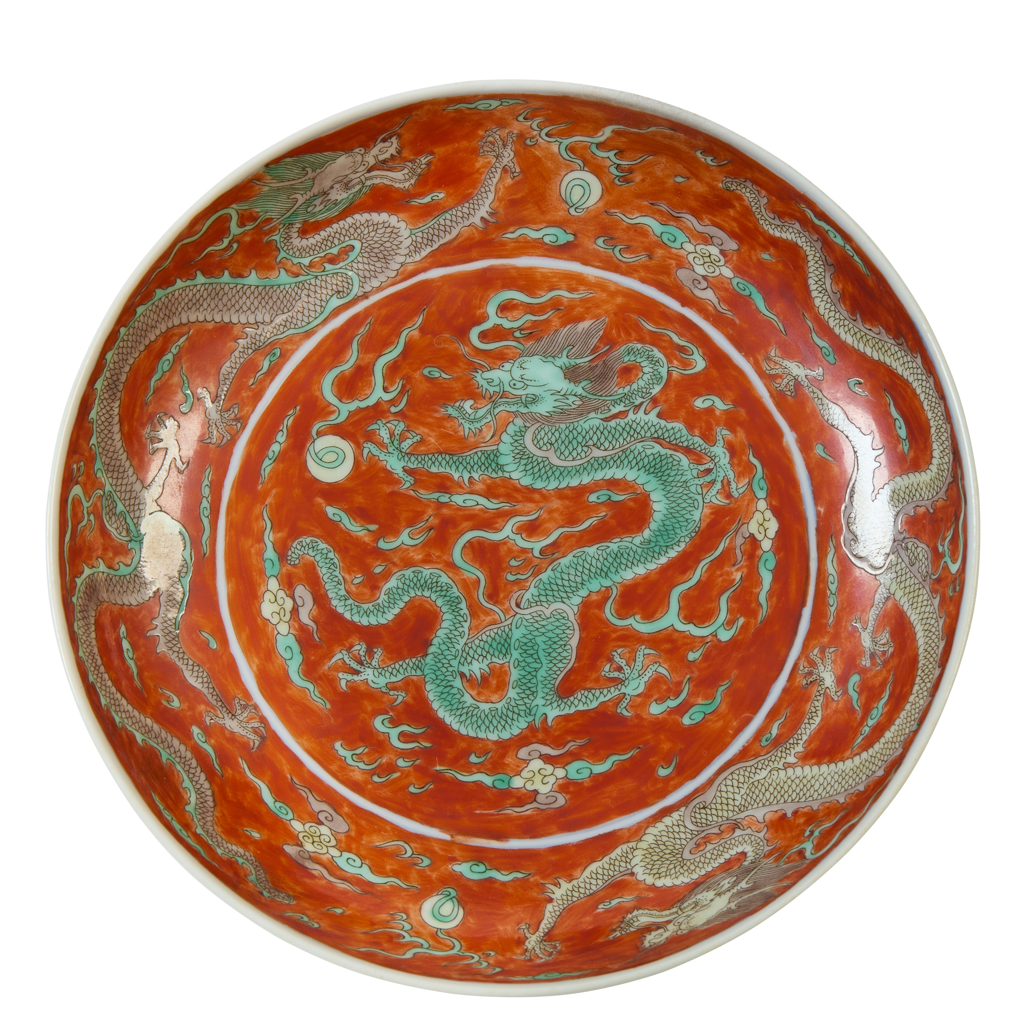 CHINESE IRON-RED-GROUND GREEN-ENAMELLED 'DRAGON' DISH