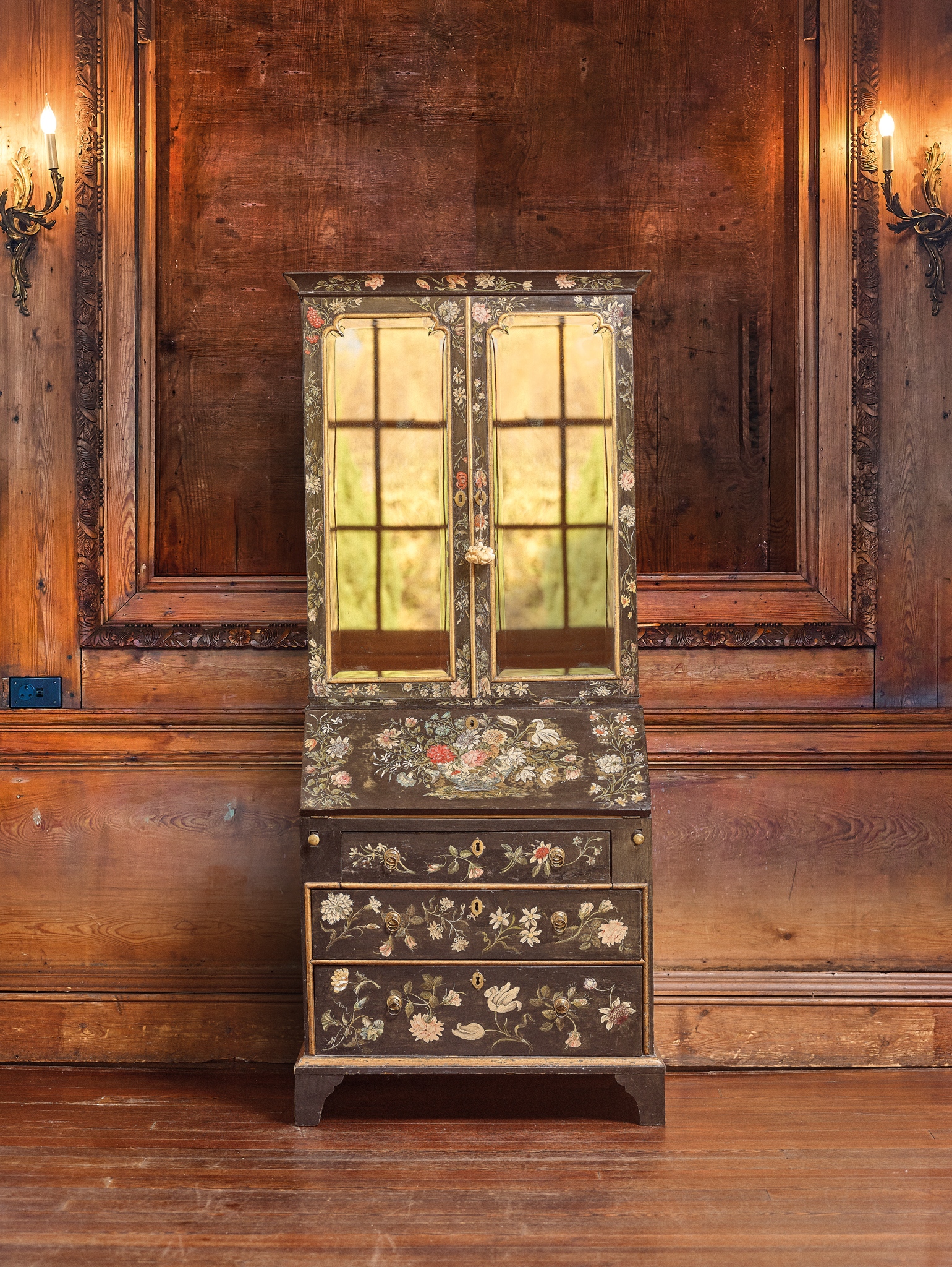 RARE QUEEN ANNE PAINTED BUREAU BOOKCASE