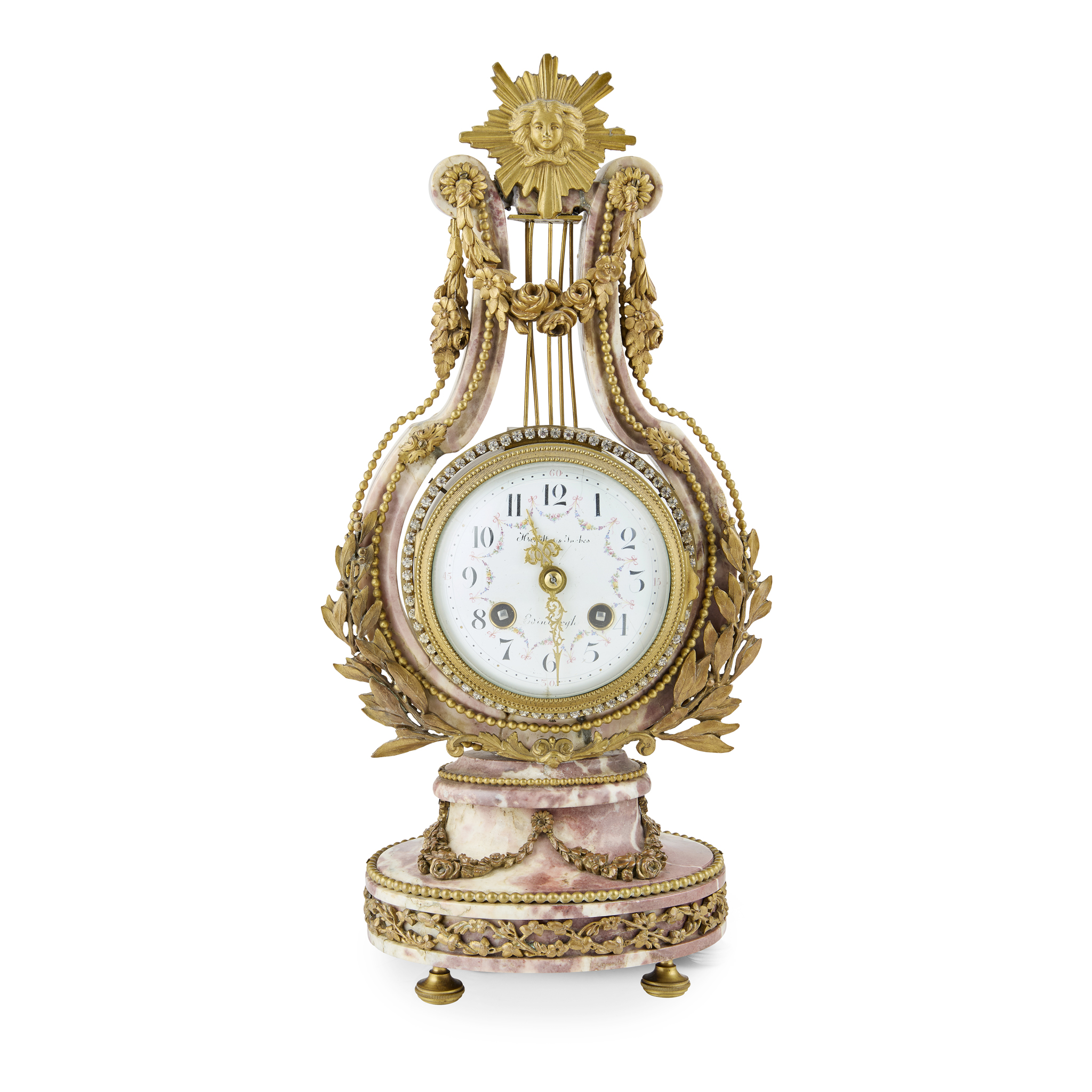 FRENCH GILT BRONZE AND MARBLE LYRE MANTEL CLOCK