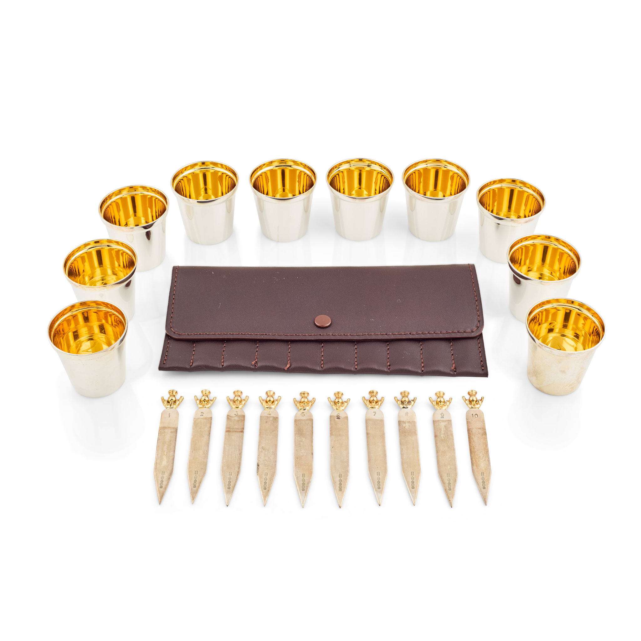 SET OF TEN CONTEMPORARY SILVER TOT CUPS AND CASED PEG MARKERS