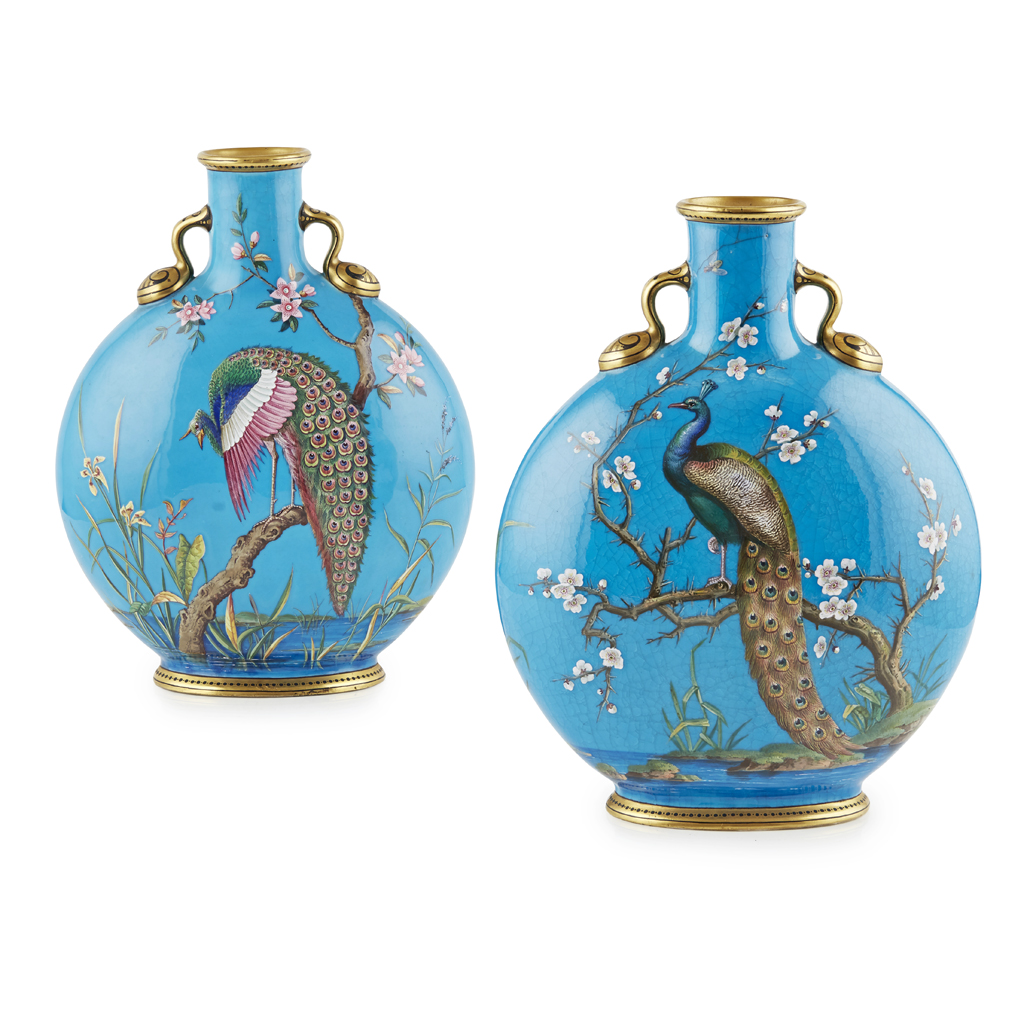 PAIR OF AESTHETIC MOVEMENT PORCELAIN PILGRIM MOON FLASK VASES, ATTRIBUTED TO MINTONS