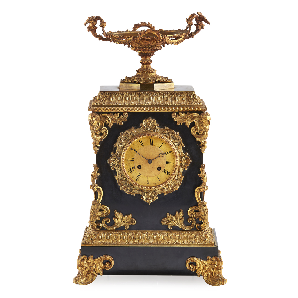 LARGE FRENCH SLATE GILT BRONZE MOUNTED MANTEL CLOCK