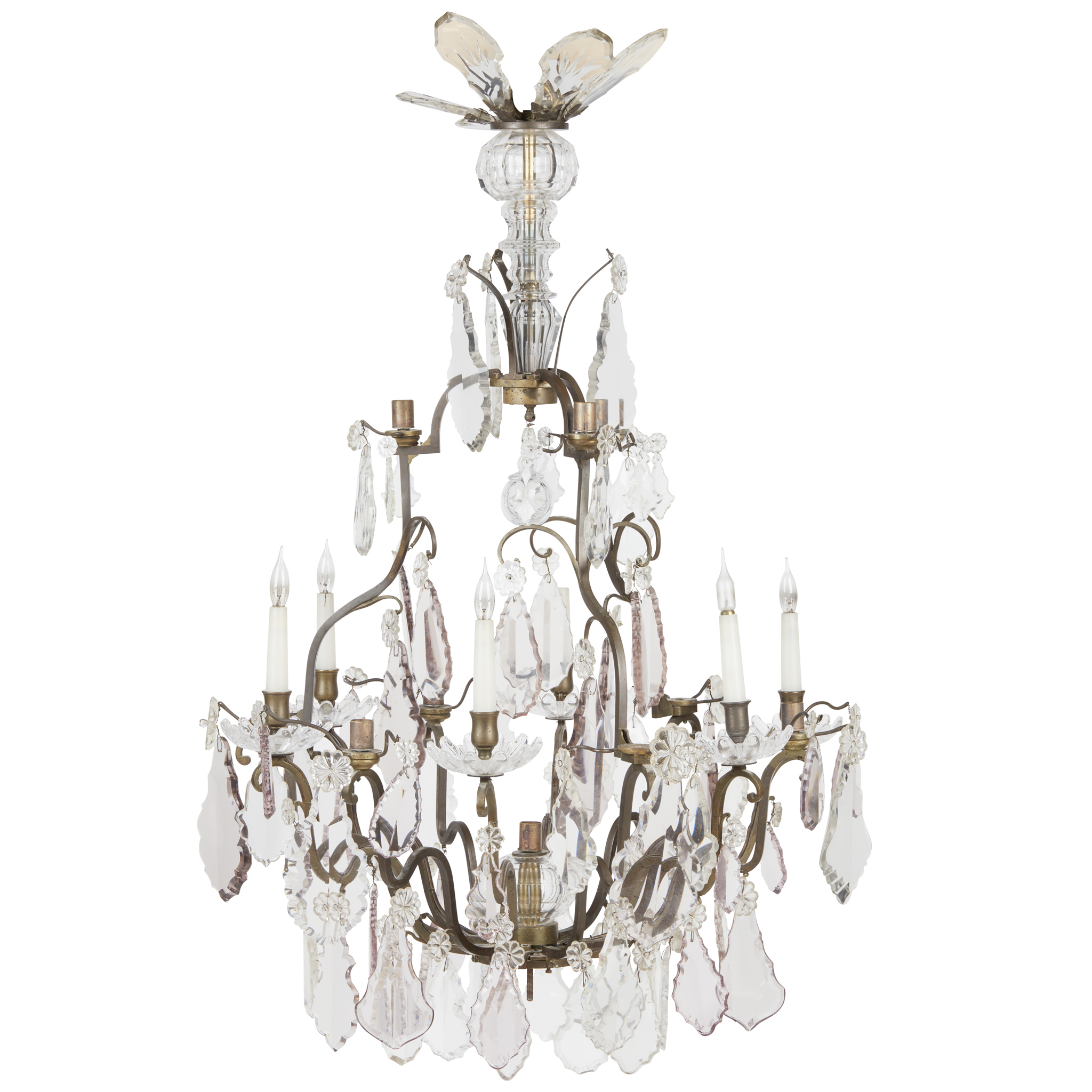 A LOUIS XV STYLE BRONZE AND CUT GLASS CHANDELIER