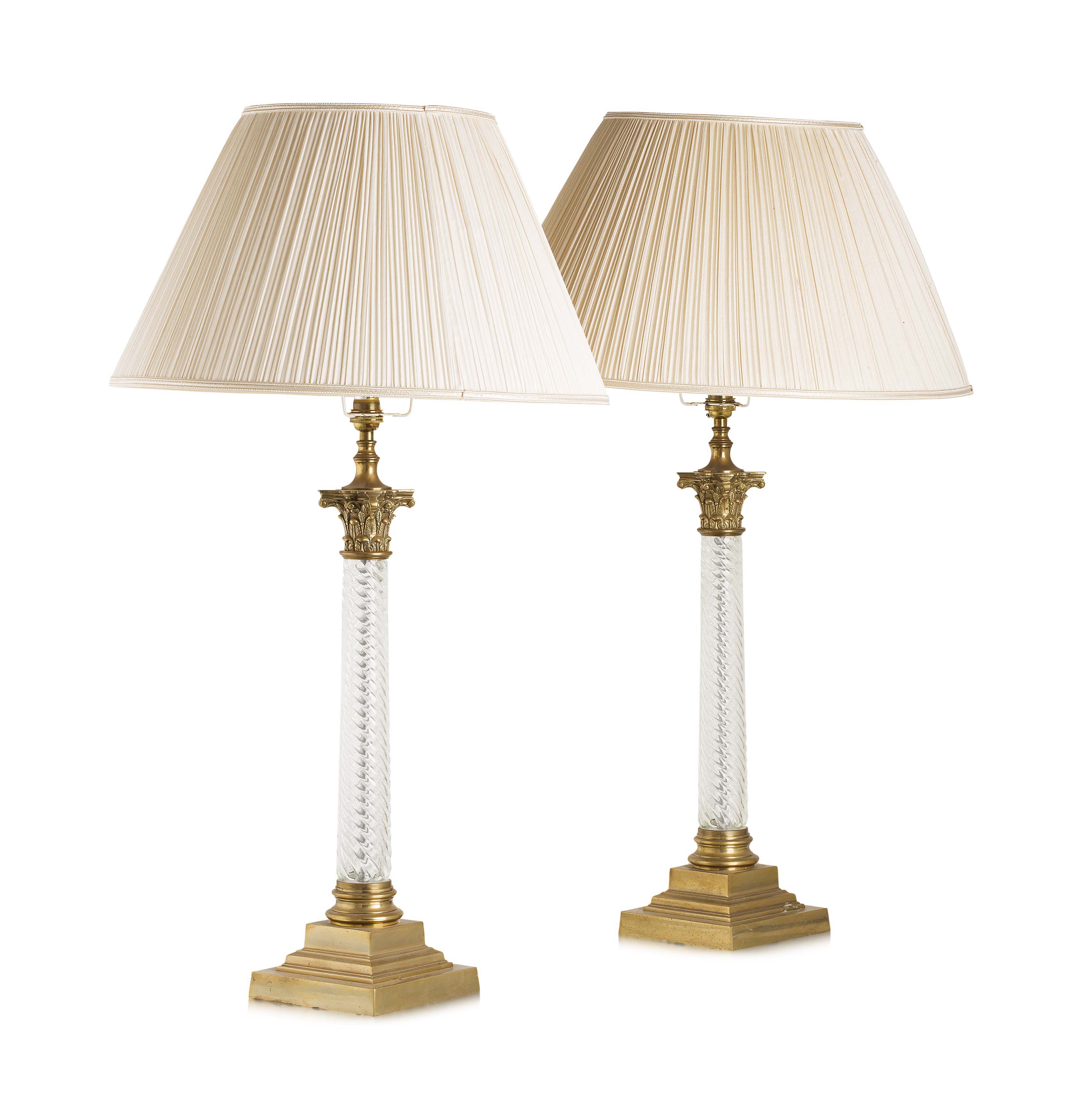 PAIR OF BRASS AND GLASS LAMPS