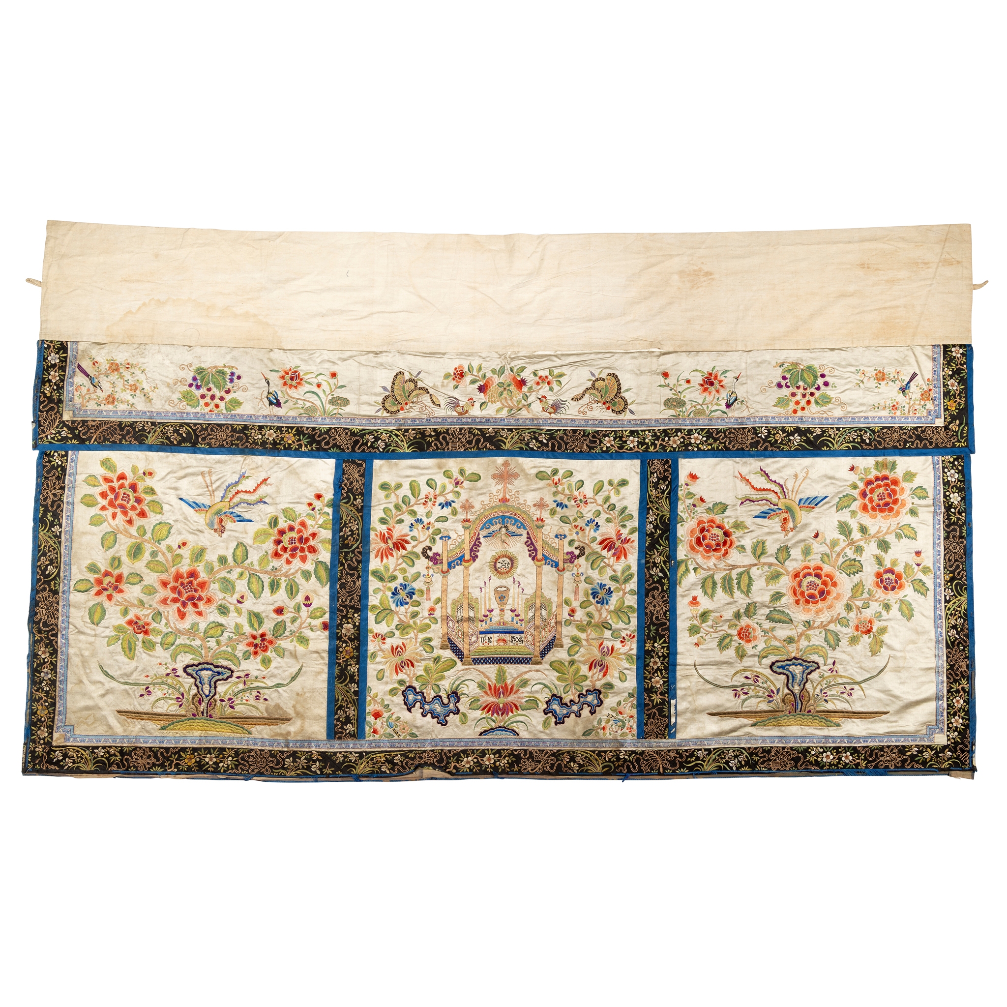 RARE AND LARGE CHINESE IVORY-GROUND SILK EMBROIDERED 'CHRISTOGRAM' PANEL