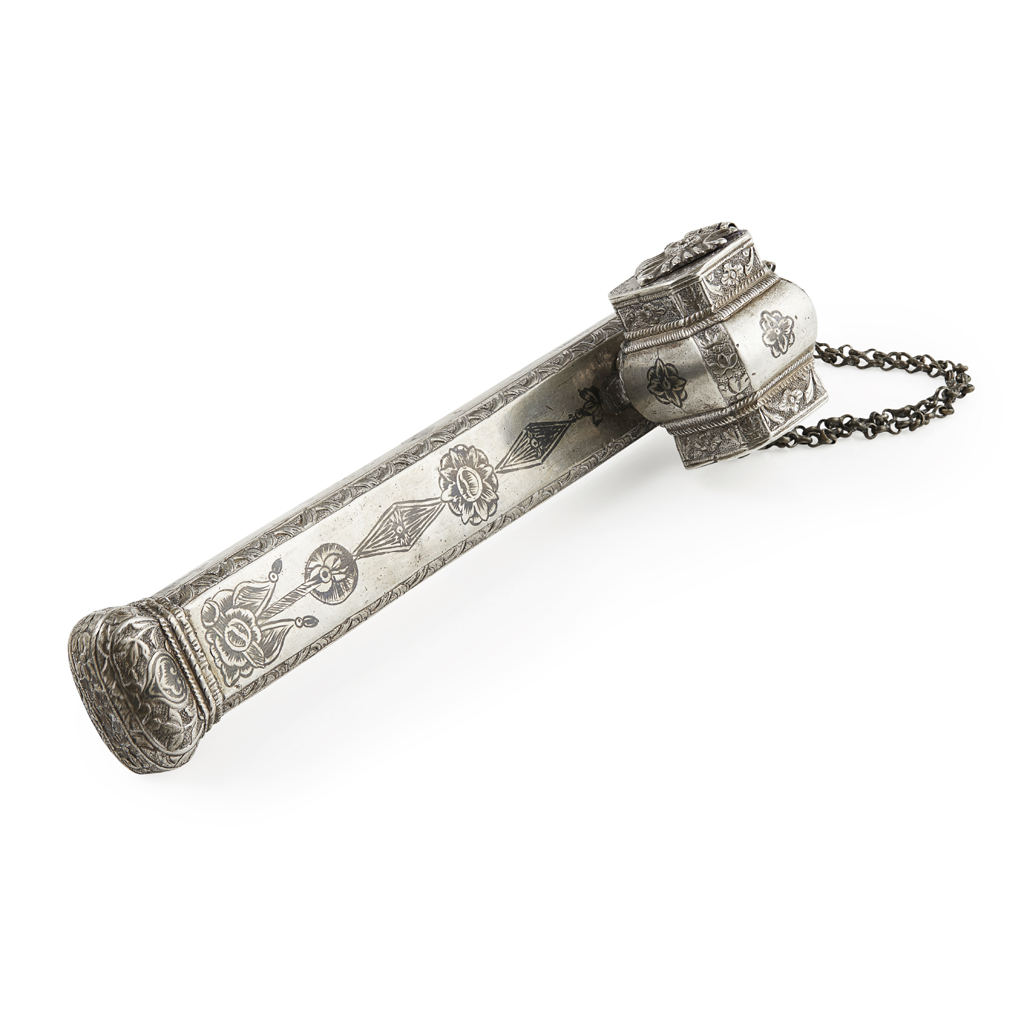 TURKISH OTTOMAN OR PERSIAN WHITE METAL PEN CASE AND INKWELL