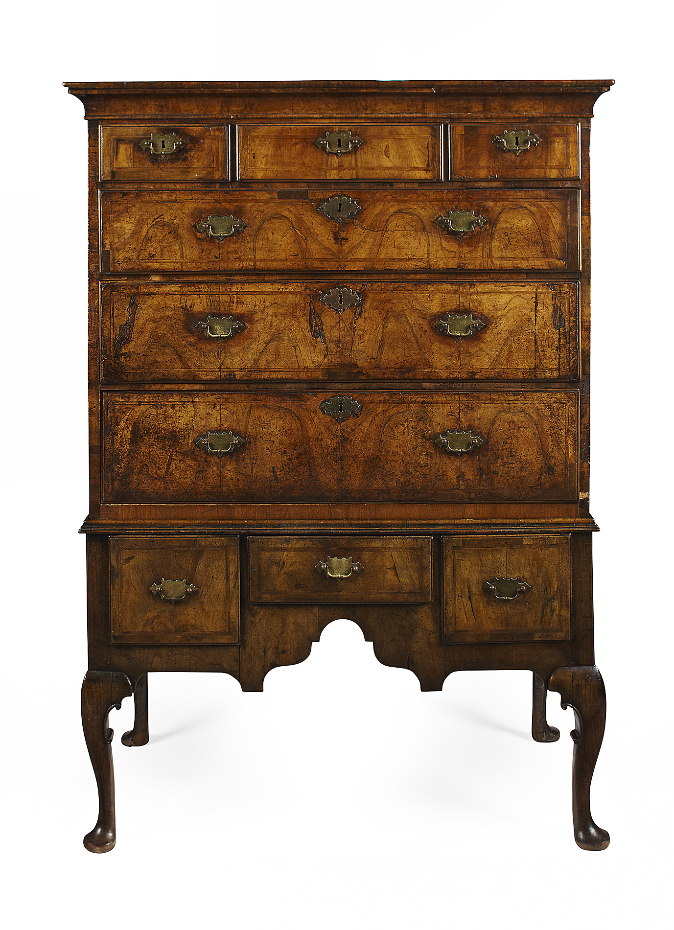 GEORGE I WALNUT AND FEATHERBANDED CHEST ON STAND