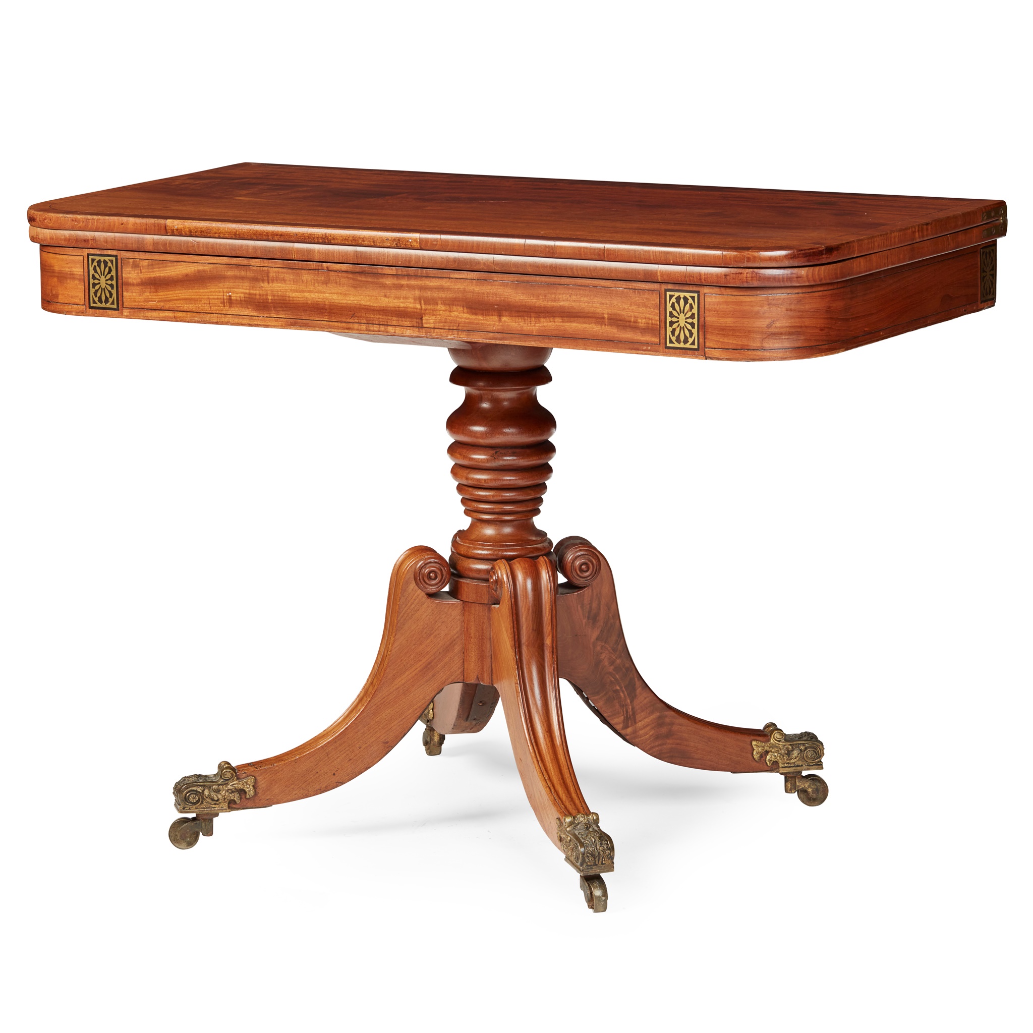 REGENCY STYLE MAHOGANY, EBONY AND BRASS INLAID TEA TABLE