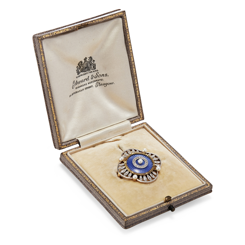 An early 20th century diamond, pearl and enamel set brooch