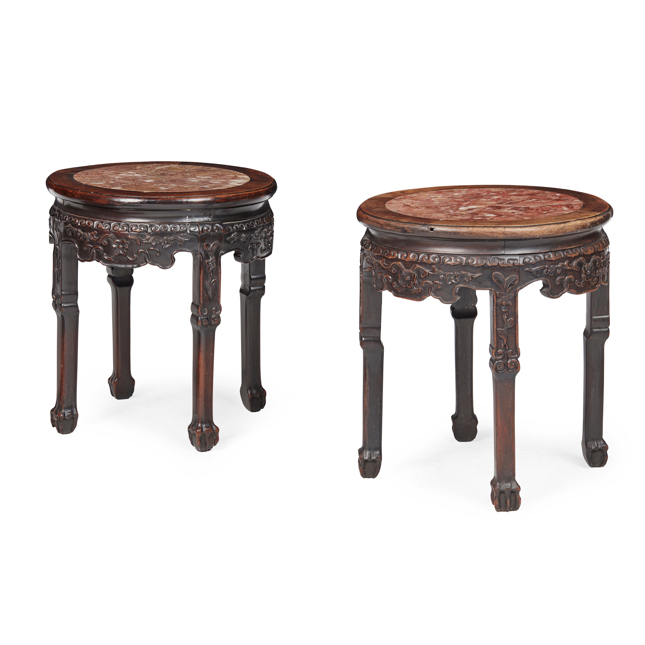 PAIR OF HARDWOOD WITH MARBLE INSET STOOLS