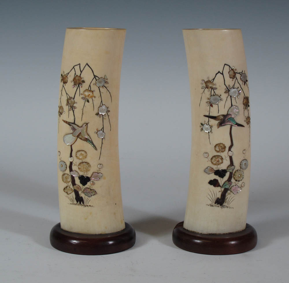 A pair of Japanese shibayama tusk vases Meiji period