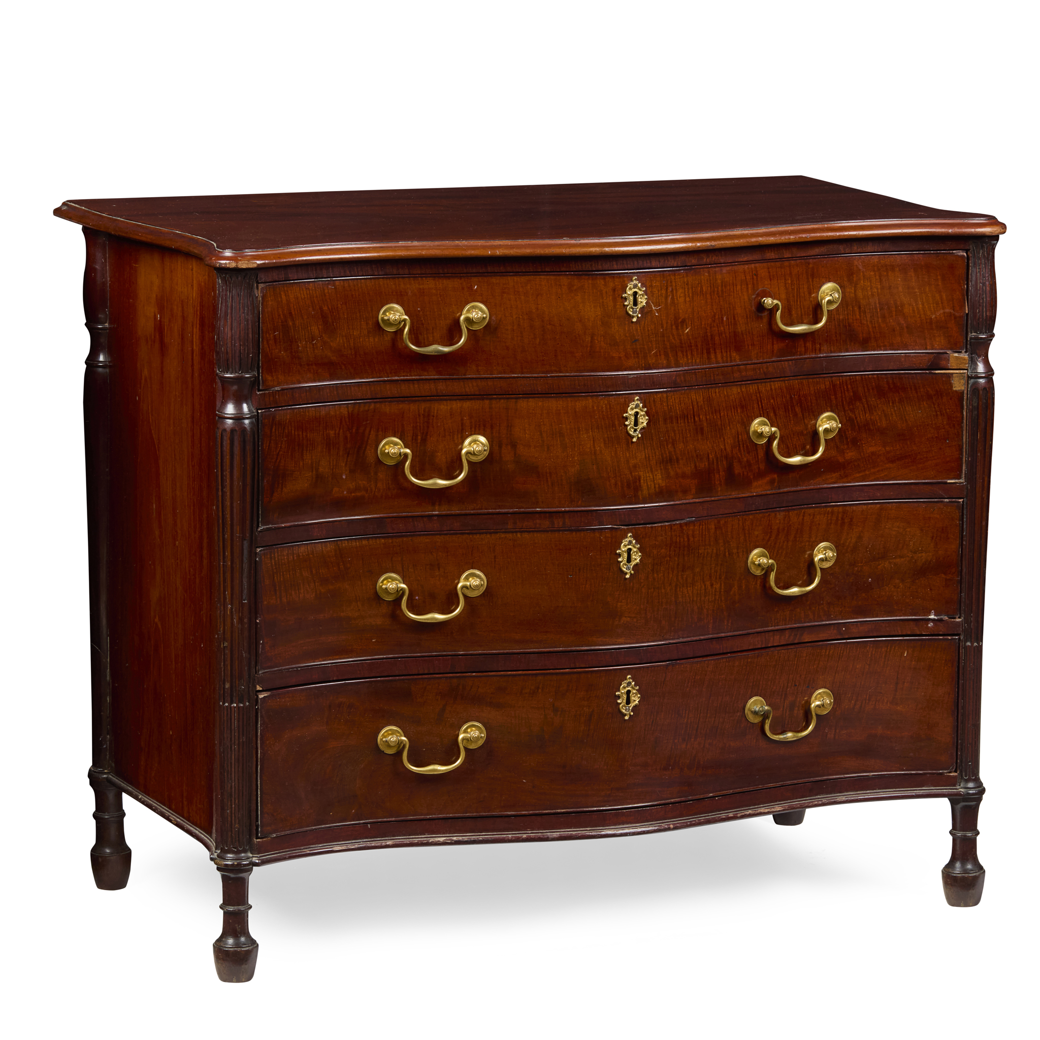 WILLIAM IV MAHOGANY SERPENTINE CHEST OF DRAWERS, W. PRIEST, BLACKFRIARS