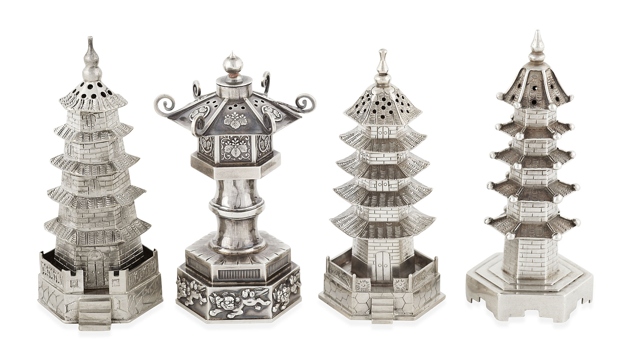 GROUP OF FOUR CHINESE EXPORT SILVER PAGODA PEPPERETTES
