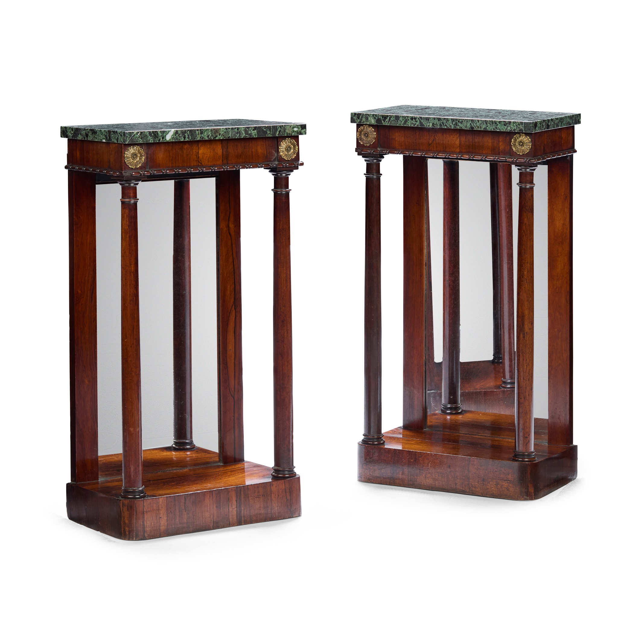 PAIR OF FRENCH EMPIRE STYLE ROSEWOOD MIRRORED AND MARBLE TOPPED CONSOLE TABLES