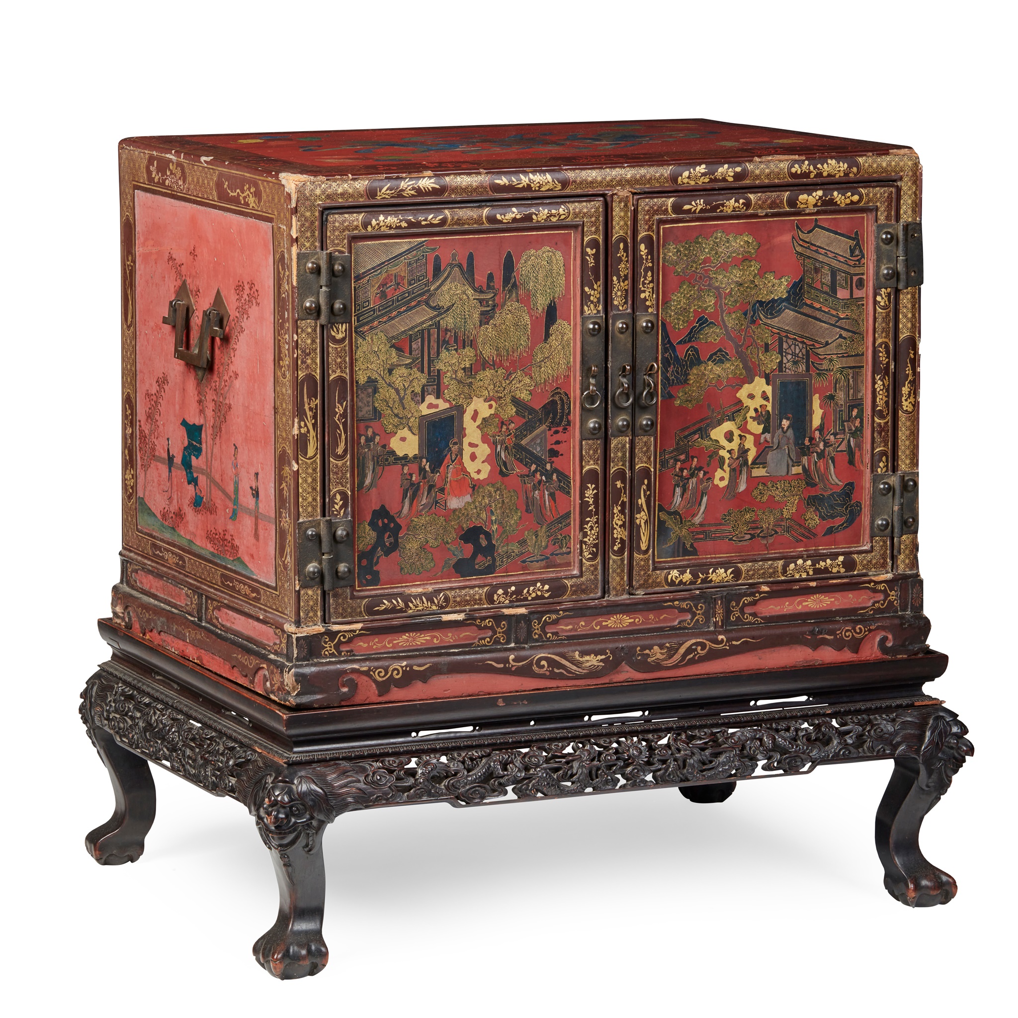 CHINESE RED LACQUER AND GILT CHEST-ON-STAND