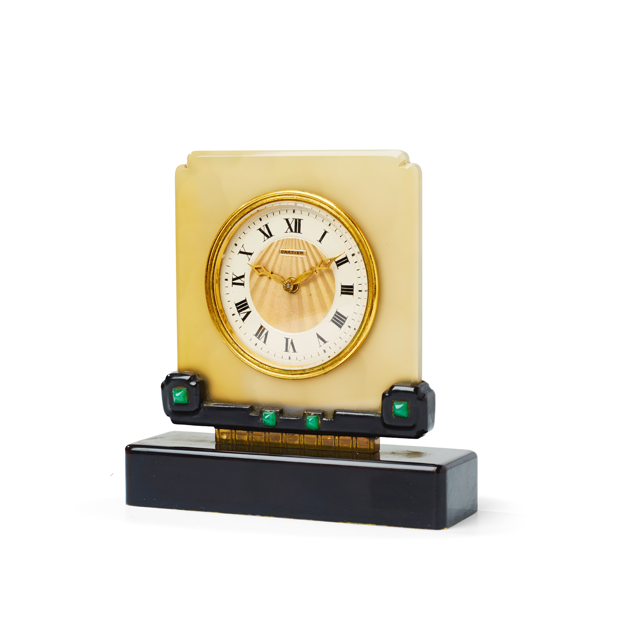 Cartier. A rare brass, lacquer and agate desk clock