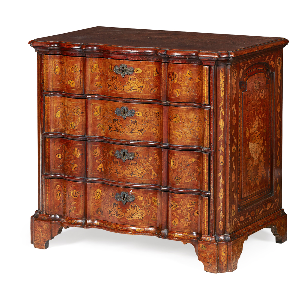 DUTCH MARQUETRY INLAID WALNUT CHEST OF DRAWERS
