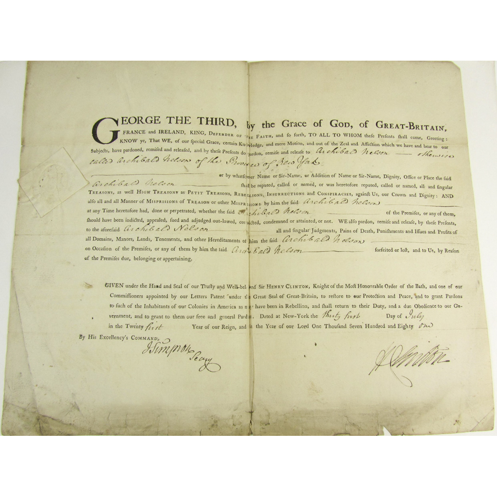 American War of Independence. Official Pardon from Commander in Chief