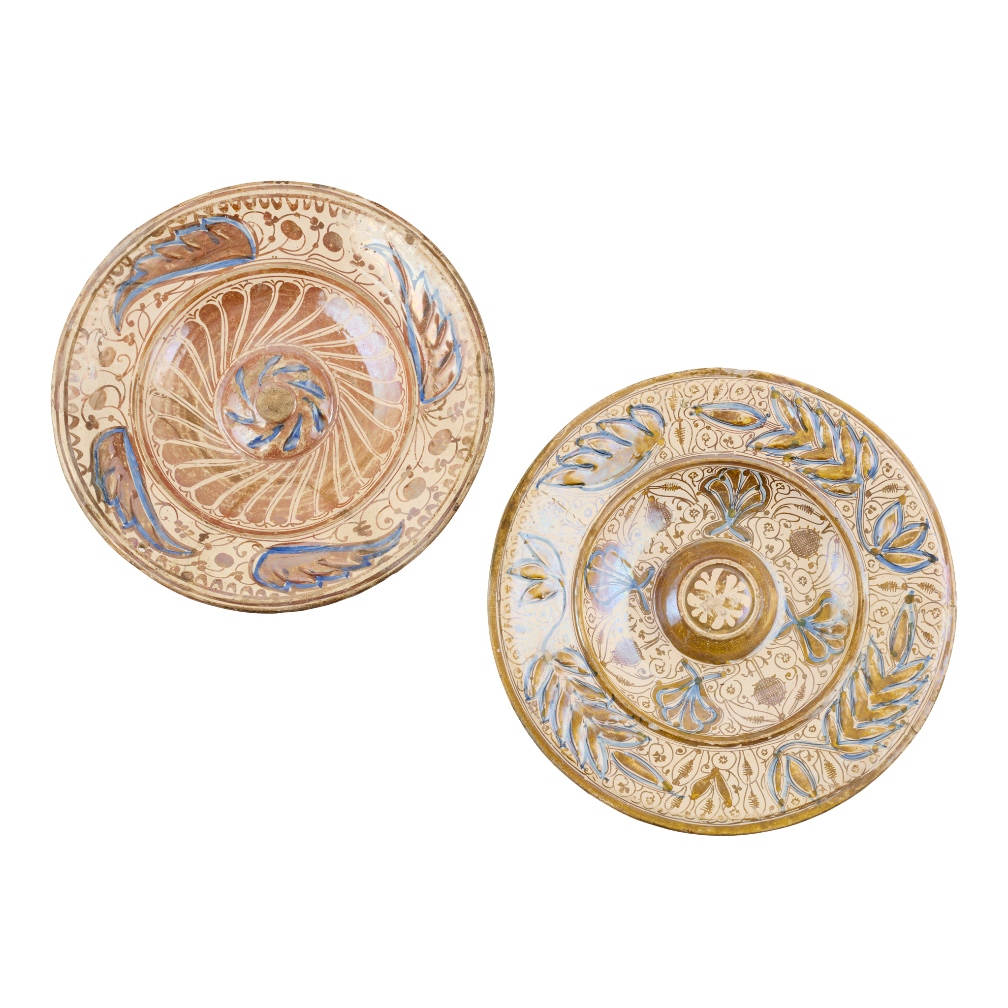 TWO HISPANO MORESQUE COPPER LUSTRE AND BLUE ENAMEL CHARGERS