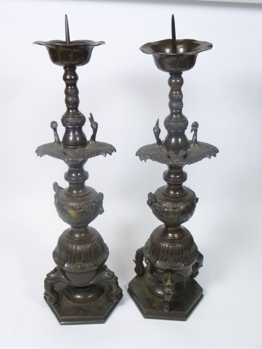 PAIR OF CHINESE BRONZE PRICKET CANDLESTICKS