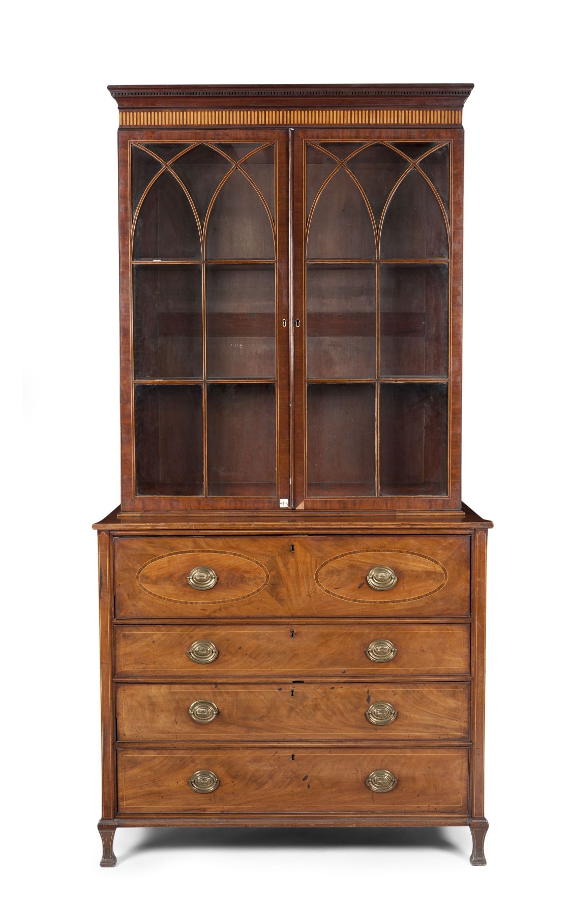 GEORGE III MAHOGANY, SATINWOOD AND INLAY BUREAU BOOKCASE