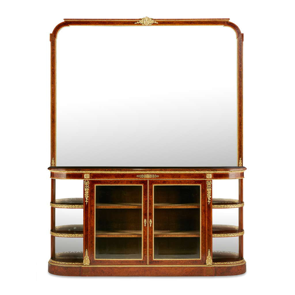 LARGE VICTORIAN BURR WALNUT AND MAHOGANY MIRRORED CREDENZA