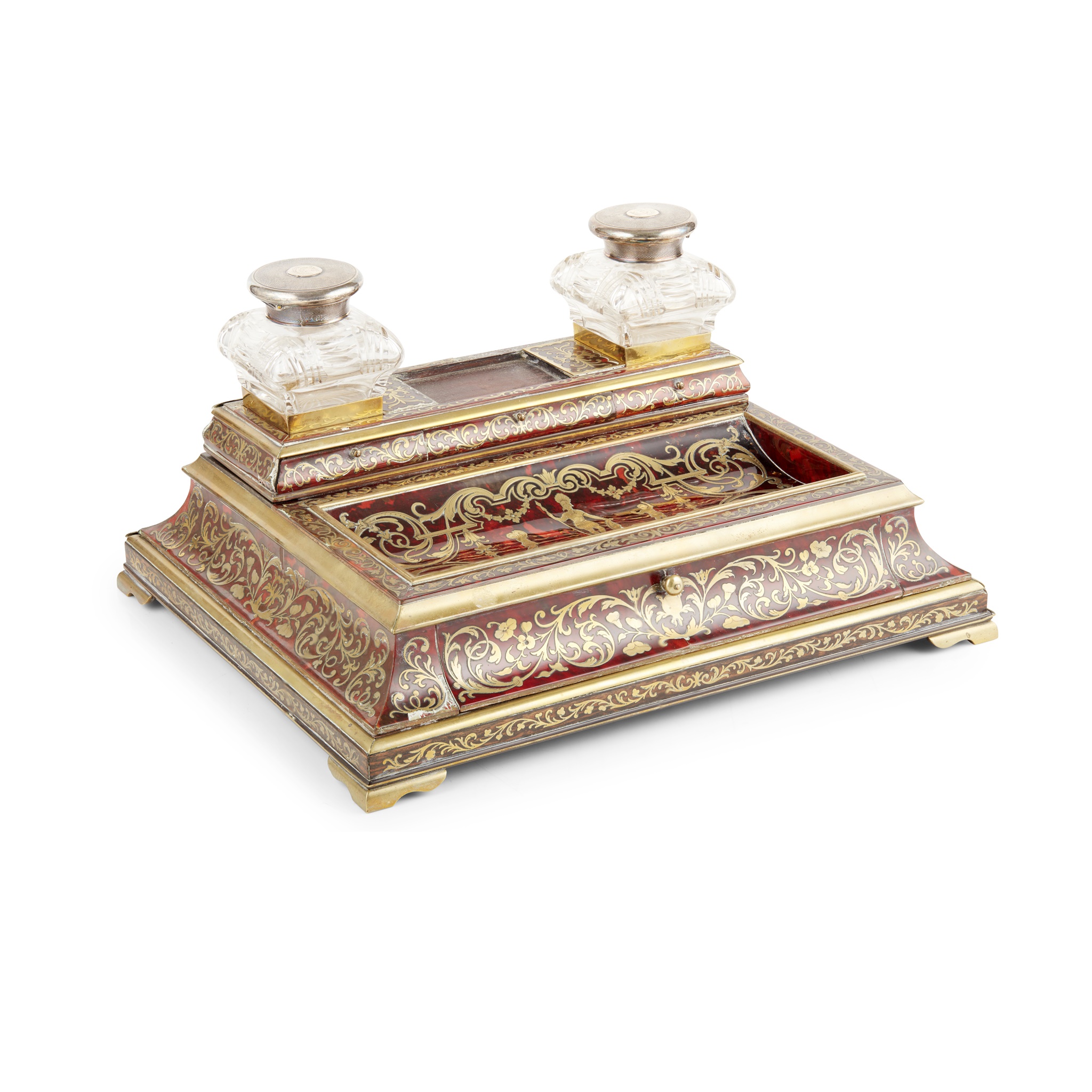 WILLIAM IV RED TORTOISEHELL AND BRASS MOUNTED BOULLE DESK STAND, BY JOHN TURRILL, LONDON