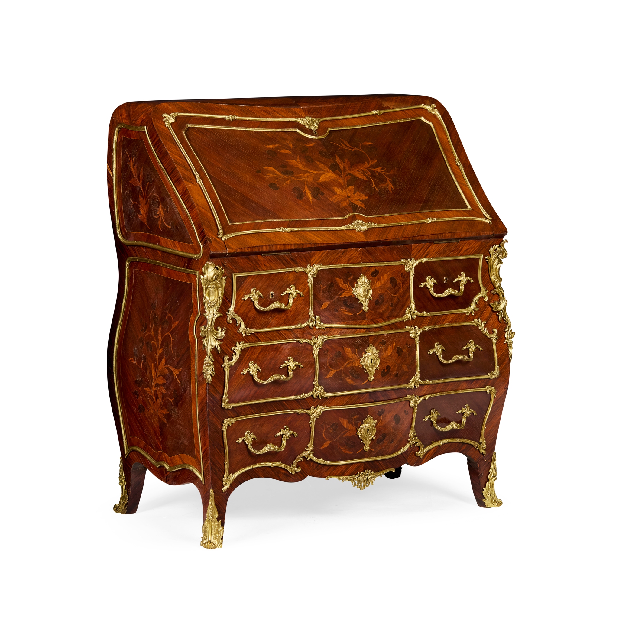 FRENCH KINGWOOD, AMARANTH, AND MARQUETRY BOMBE BUREAU