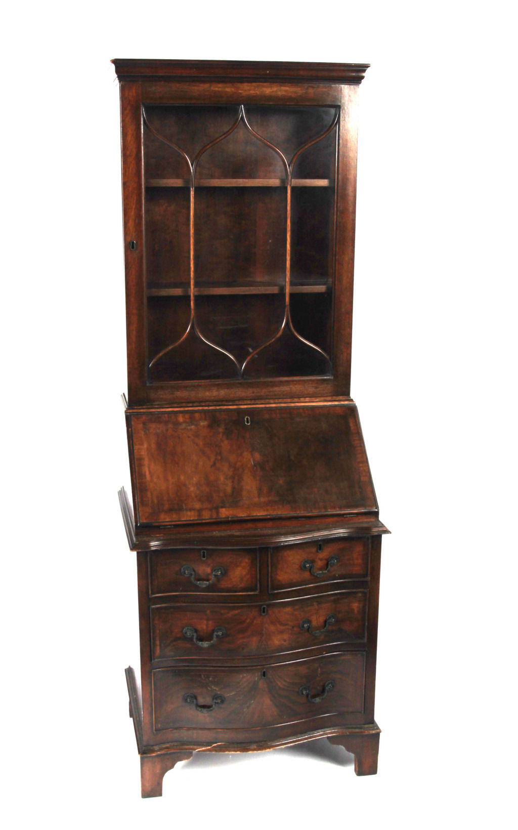 An 18th century style slim walnut bureau bookcase