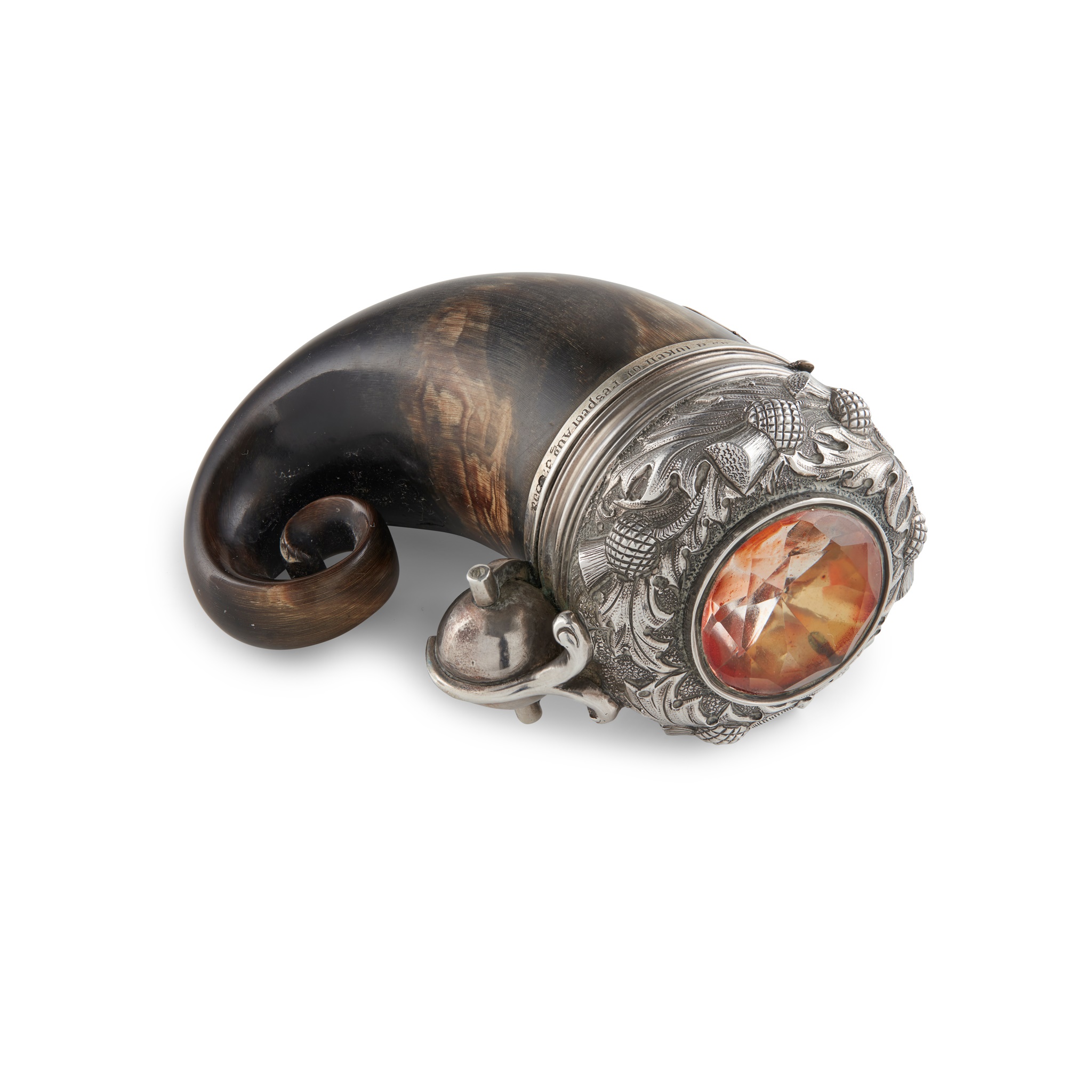 A VICTORIAN CURLY HORN SNUFF MULL - MASONIC INTEREST 