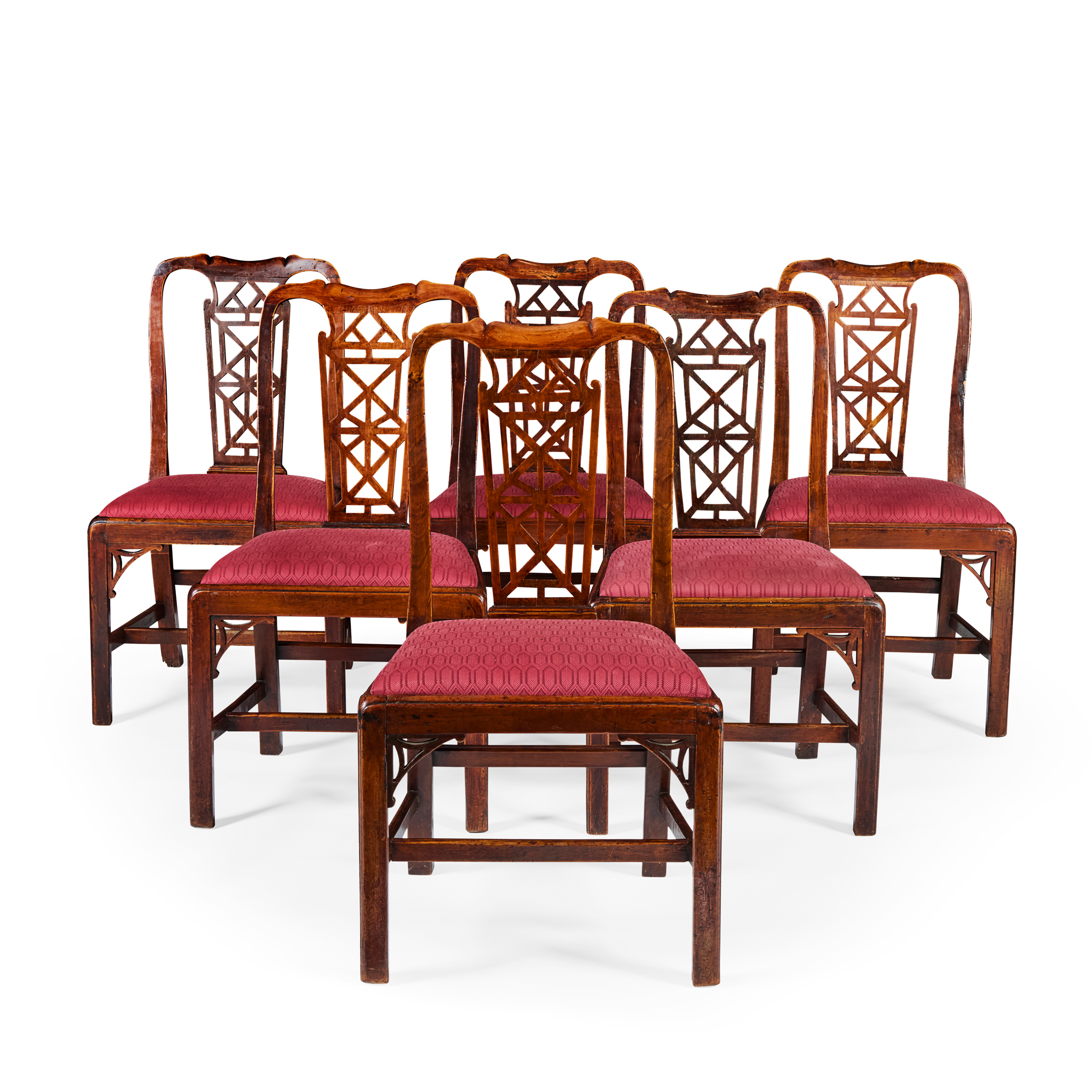 SET OF SIX GEORGE III FRUITWOOD 'CHINESE' DINING CHAIRS