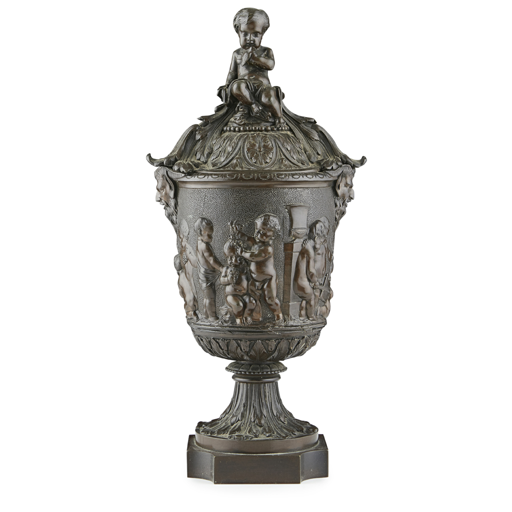 FRENCH BRONZE URN AND COVER, AFTER CLODION