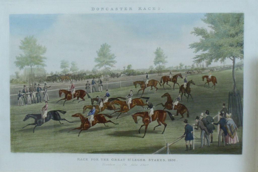 A set of four coloured engravings of the Doncaster Races 'Race for the Great St Leger Stakes', After J Pollard, engraved by J. Harris