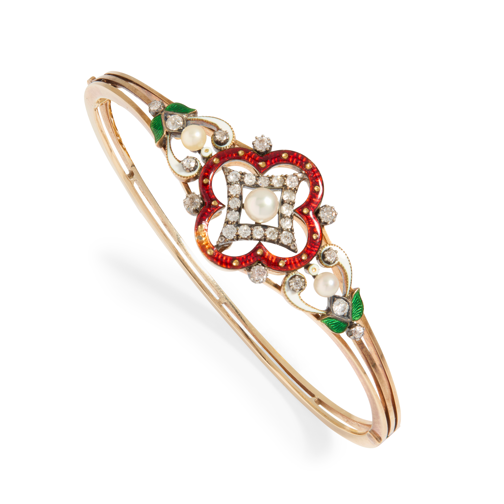 A late 19th century enamel, pearl and diamond bangle