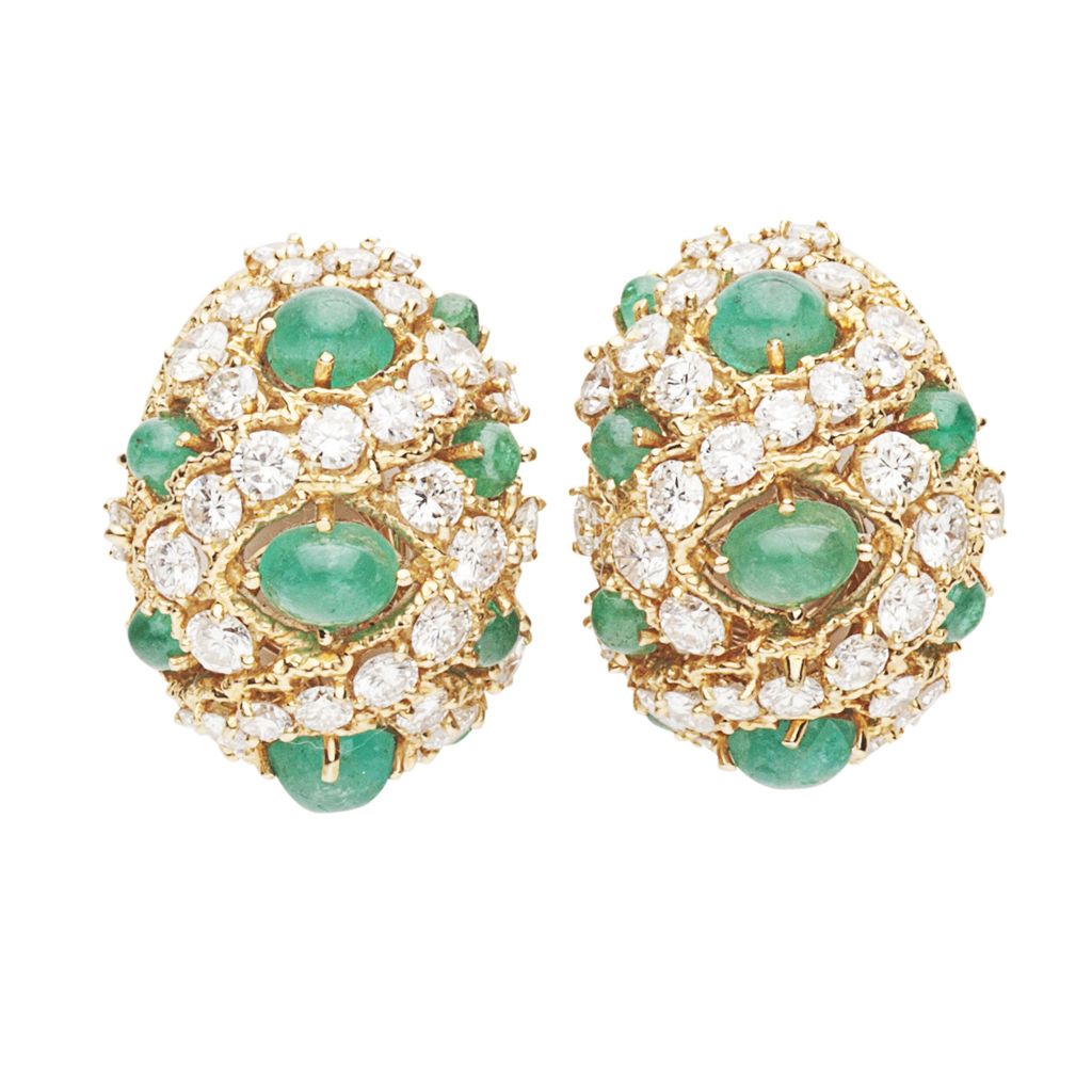 KUTCHINSKY - A 1970s pair of emerald and diamond ear clips