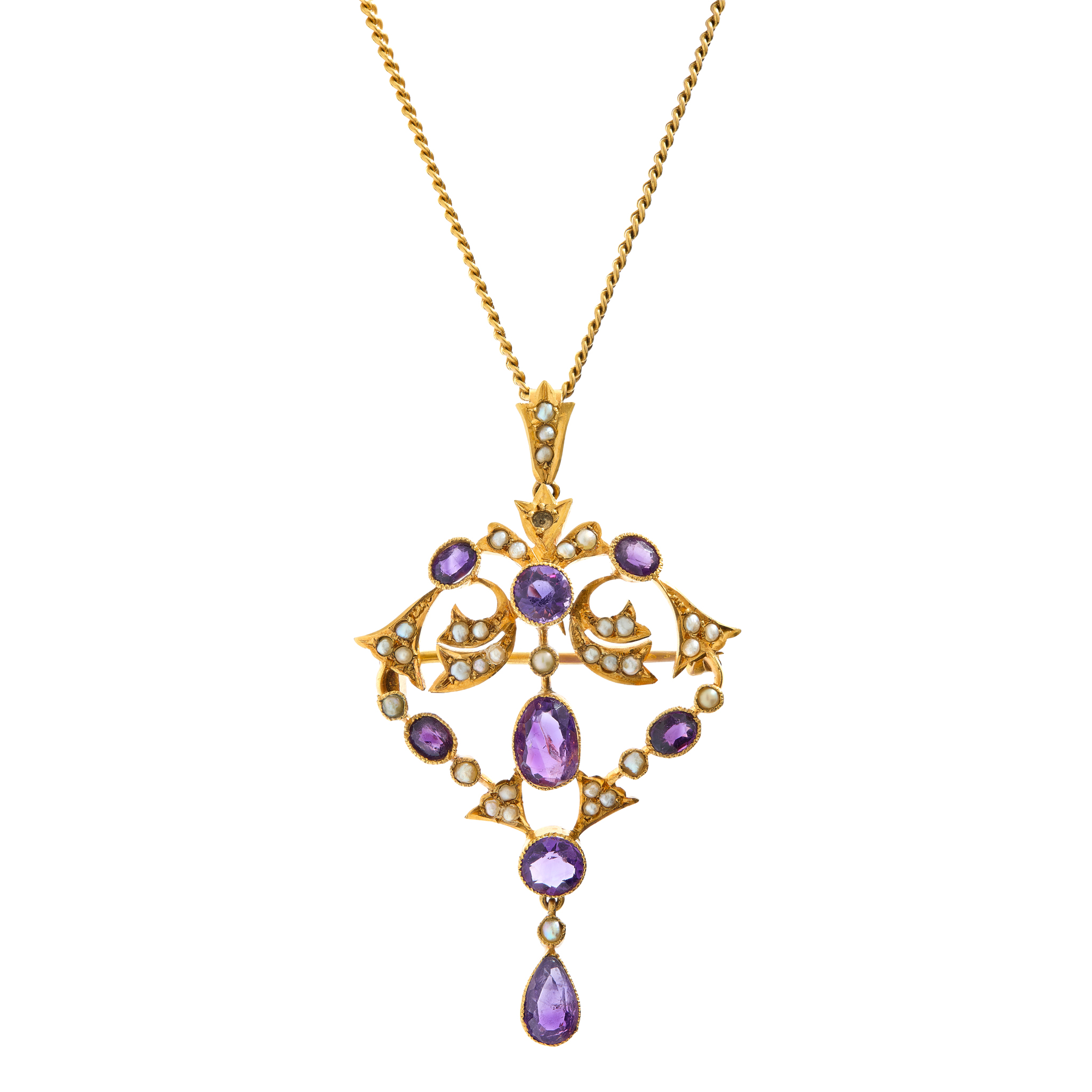 An early 20th century amethyst and pearl drop pendant/brooch