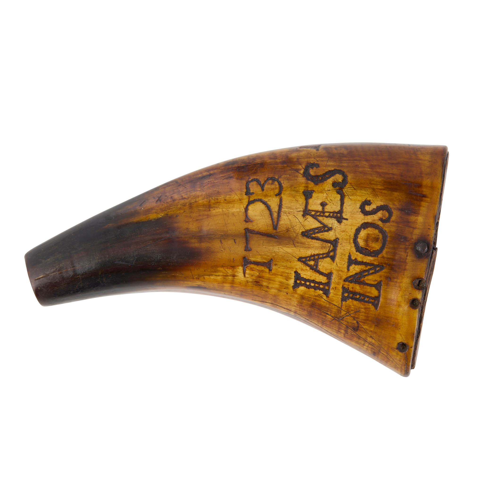 AN UNUSUAL EARLY 18TH CENTURY SCOTTISH POWDER HORN